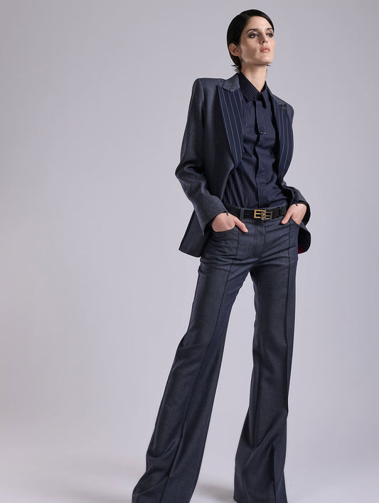 Flared Super 100 wool denim effect trousers