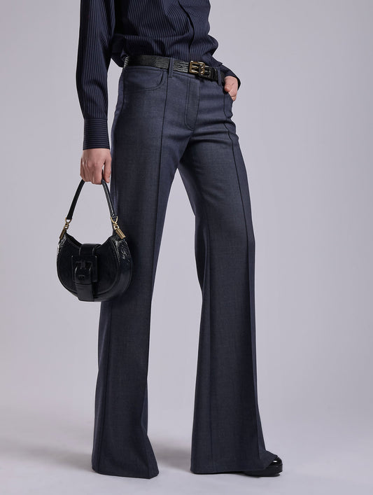 Flared Super 100 wool denim effect trousers
