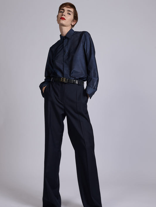 Navy wide-leg wool and cashmere twill trousers