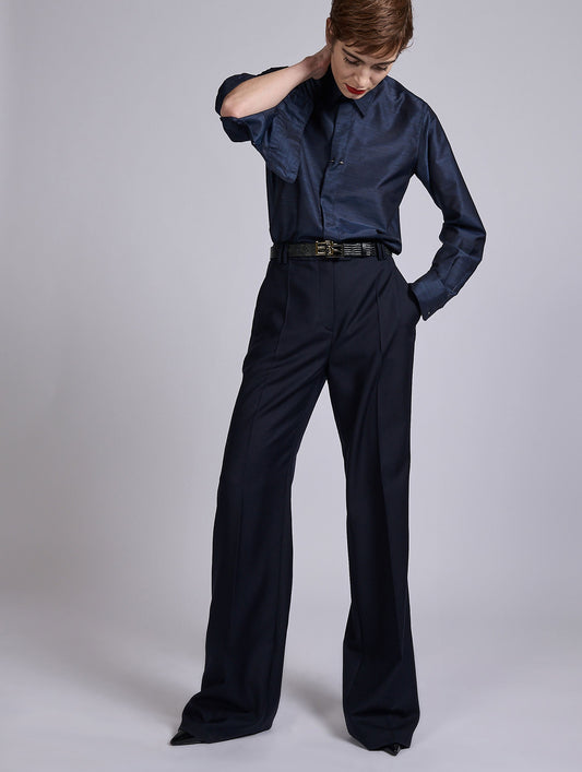 Navy wide-leg wool and cashmere twill trousers