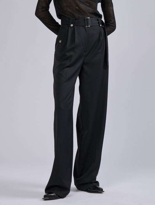 Black stretch wool gabardine high-waist trousers