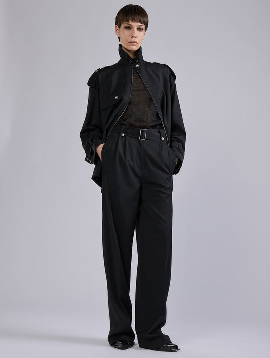 Black stretch wool gabardine high-waist trousers
