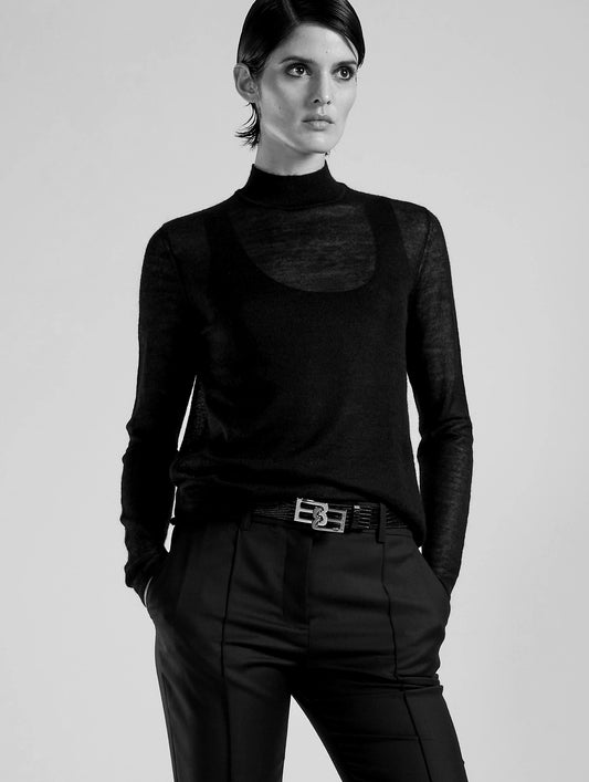 Black cashmere-touch voile knit high-neck sweater