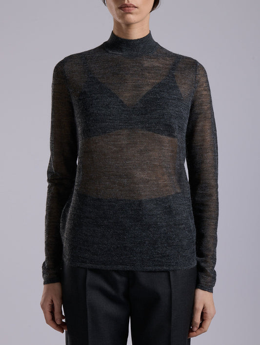 Pull col montant en maille voile gris