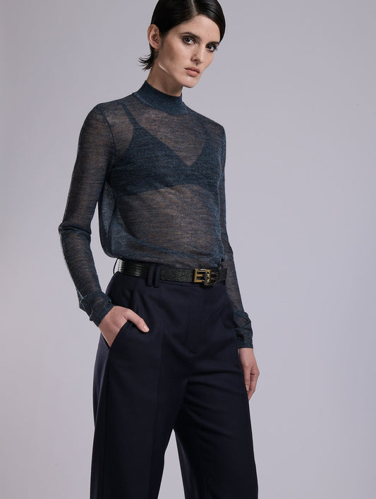 Navy voile knit high-neck sweater