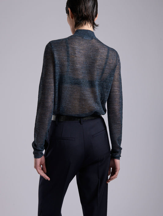 Navy voile knit high-neck sweater