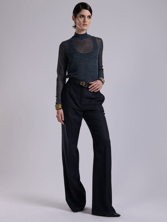 Navy voile knit high-neck sweater