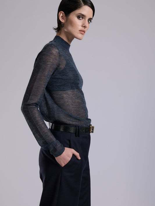 Navy voile knit high-neck sweater