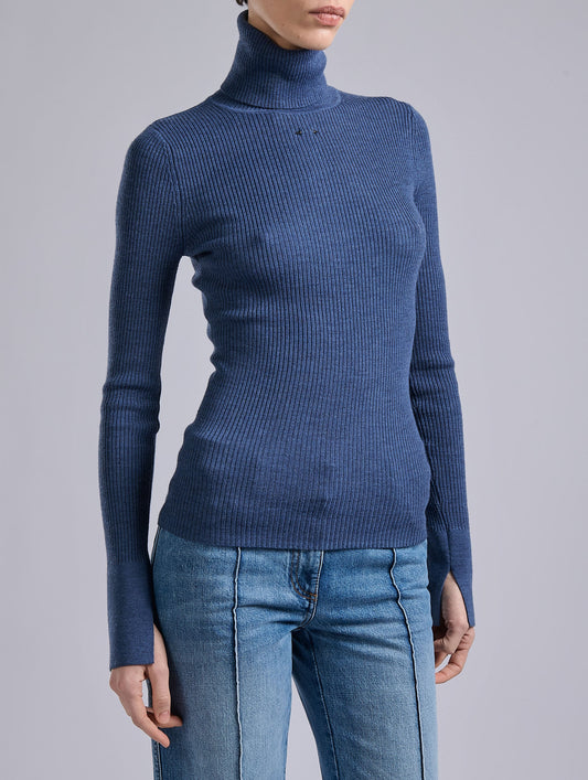 Pull à col roulé en maille mérinos bleu