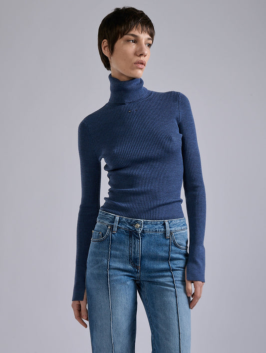 Pull à col roulé en maille mérinos bleu