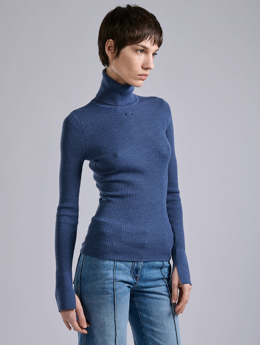Pull à col roulé en maille mérinos bleu