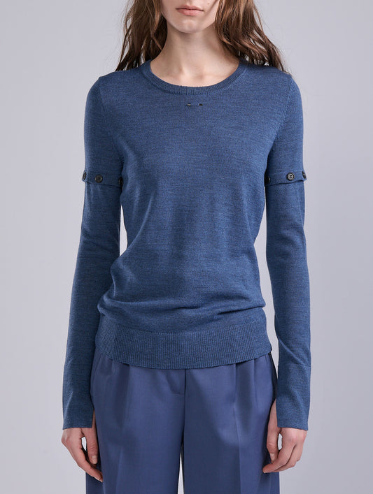 Pull col rond en maille mérinos bleu