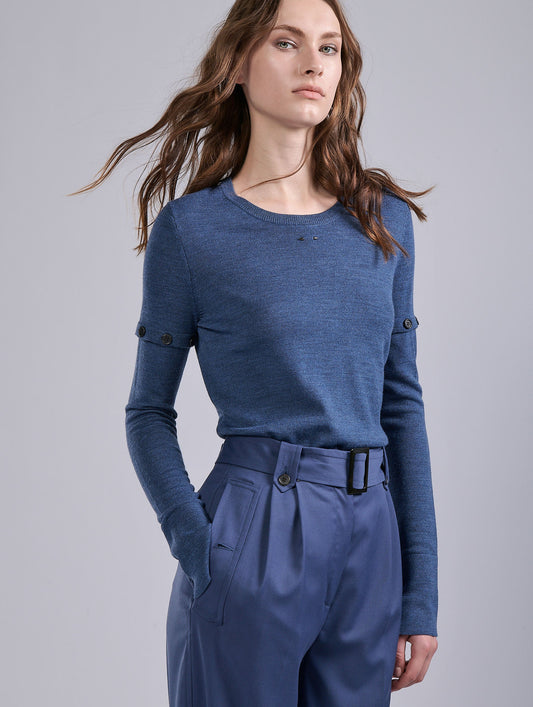 Pull col rond en maille mérinos bleu