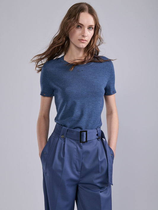 Pull col rond en maille mérinos bleu