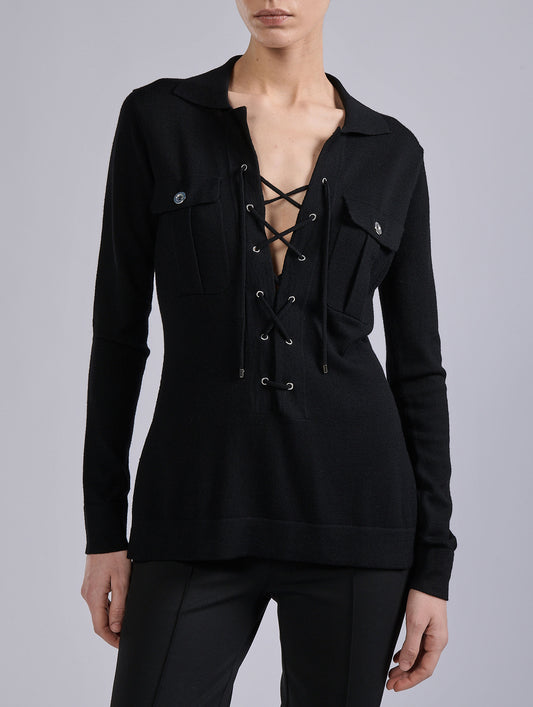 Black merino wool knit safari sweater