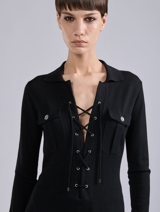 Black merino wool knit safari sweater