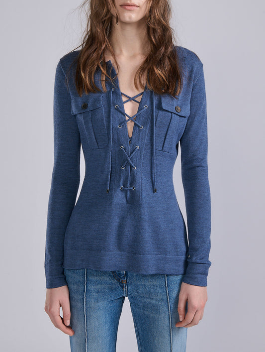 Saharienne en maille mérinos bleue