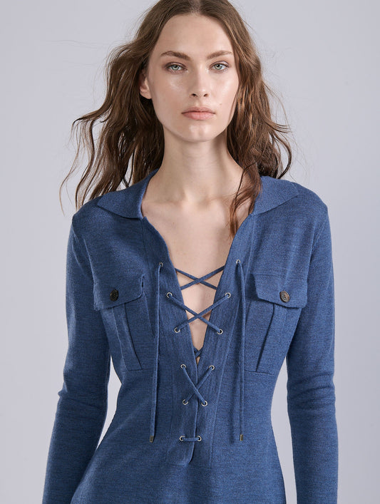 Saharienne en maille mérinos bleue