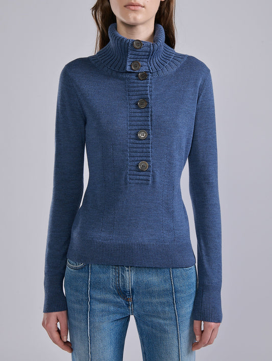 Pull à col boutonné en maille mérinos bleu