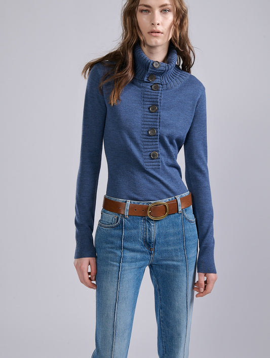 Pull à col boutonné en maille mérinos bleu