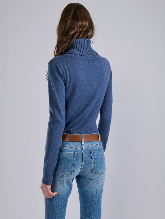 Pull à col boutonné en maille mérinos bleu