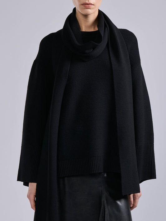 Black merino wool integrated scarf sweater