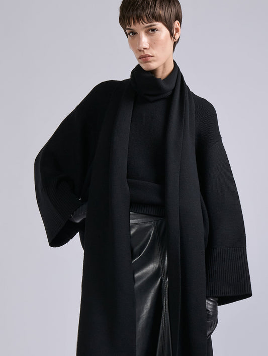 Black merino wool integrated scarf sweater
