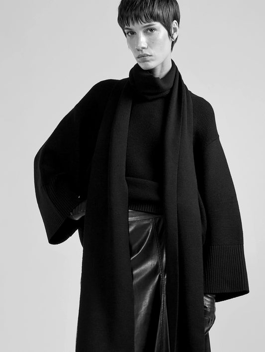 Black merino wool integrated scarf sweater