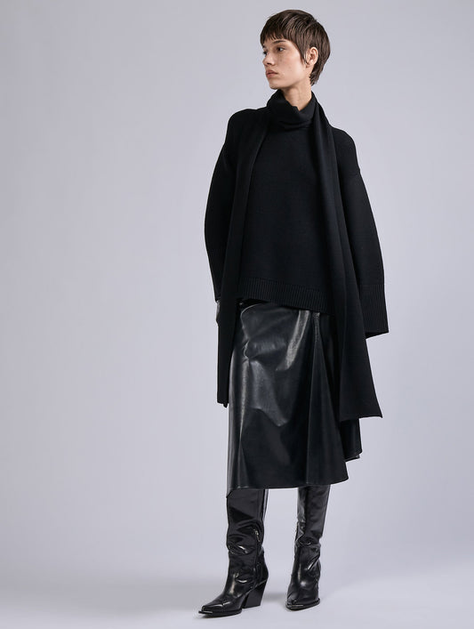 Black merino wool integrated scarf sweater