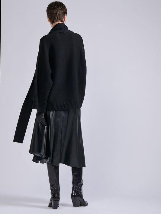 Black merino wool integrated scarf sweater