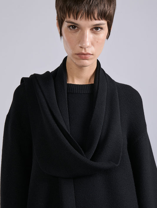 Black merino wool integrated scarf sweater