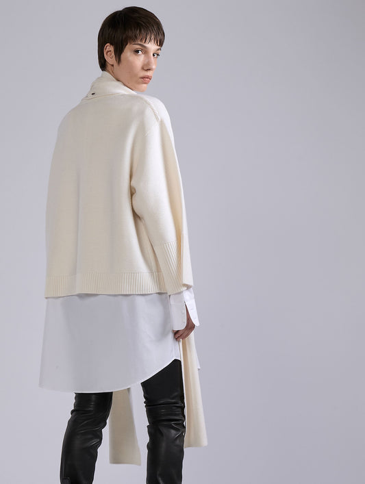 Pull à écharpe intégrée en maille mérinos écru