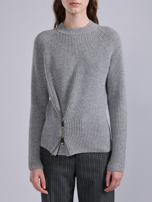 Pull zippé en laine côtelée gris