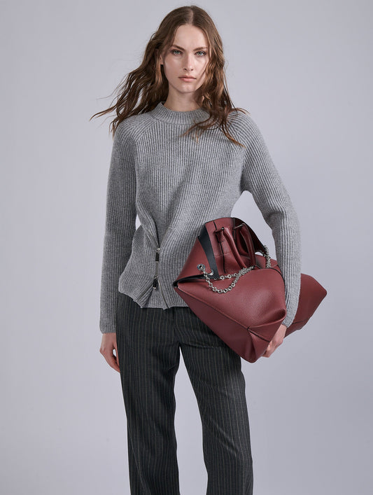 Pull zippé en laine côtelée gris