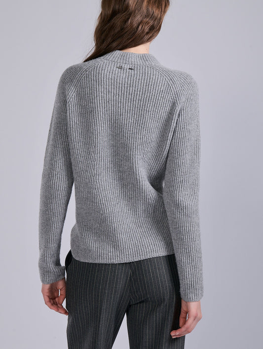 Pull zippé en laine côtelée gris