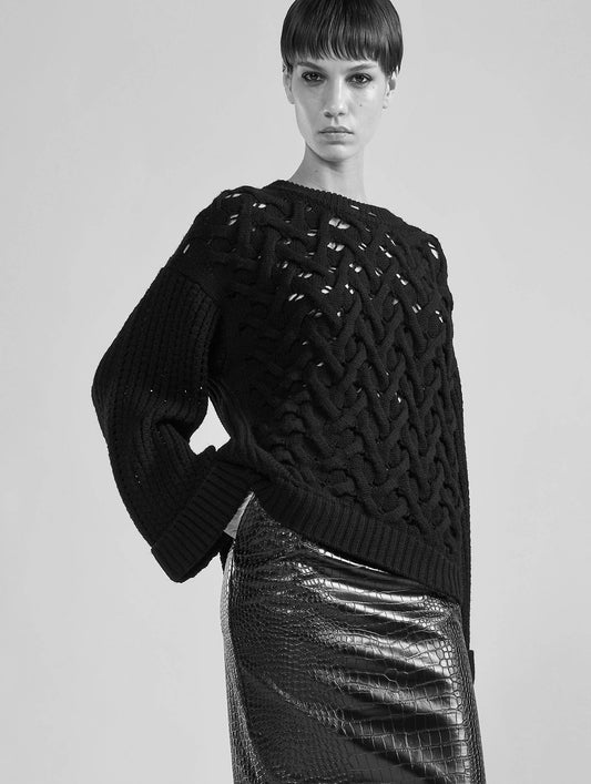 Black merino wool cable-knit sweater
