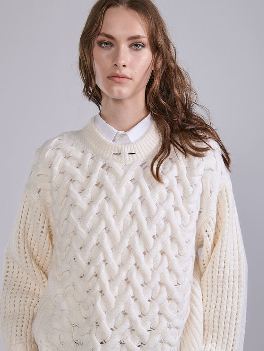 Ivory merino wool cable-knit sweater