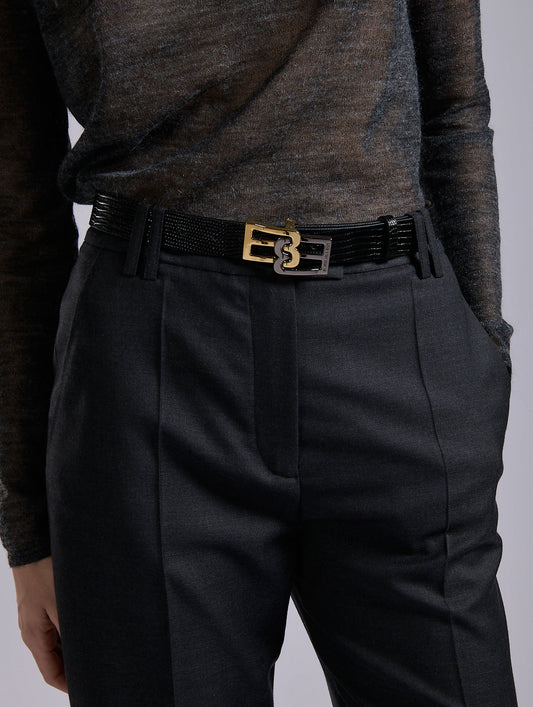 Black lizard-embossed leather logo belt 