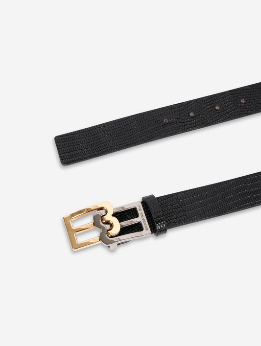 Black lizard-embossed leather logo belt 