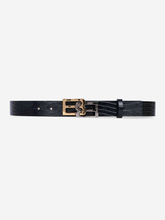 Black lizard-embossed leather logo belt 