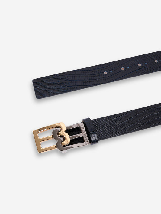 Black lizard-embossed leather logo belt 