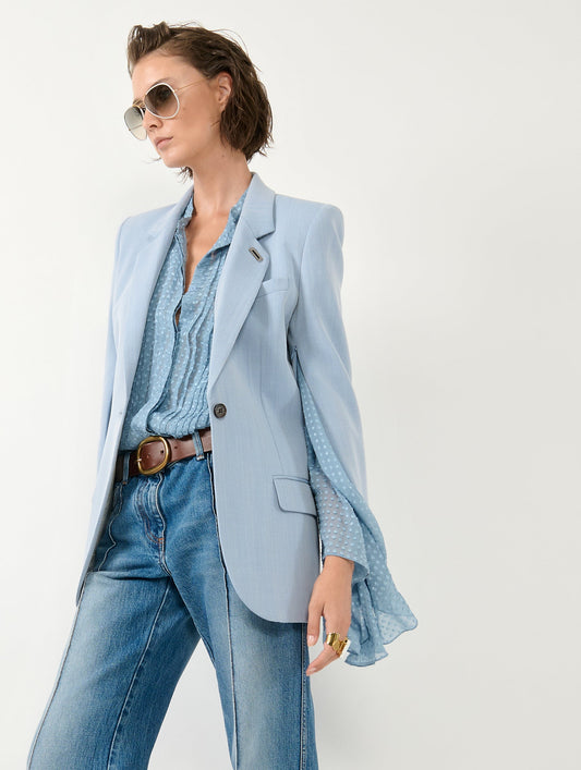 Sky blue herringbone crepe fitted jacket