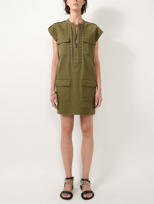 Robe à manches courtes en gabardine de coton kaki