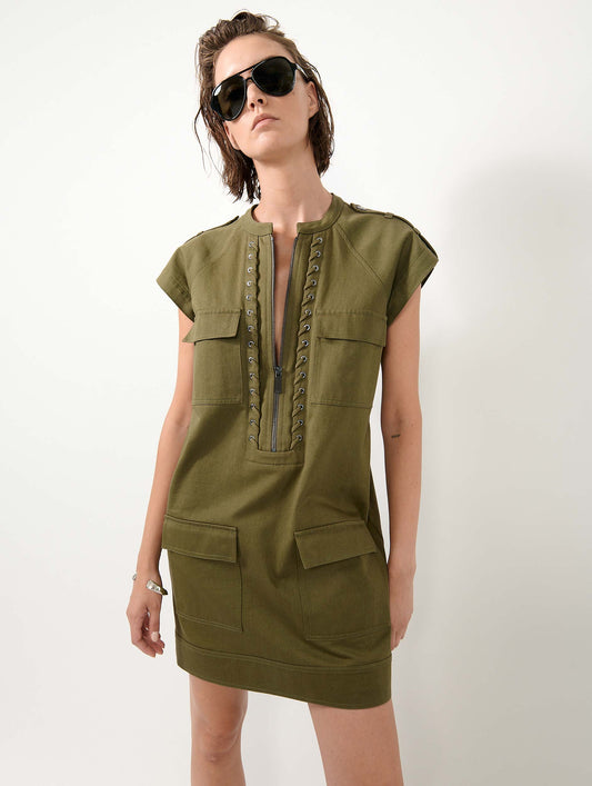 Robe à manches courtes en gabardine de coton kaki