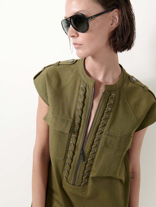 Robe à manches courtes en gabardine de coton kaki