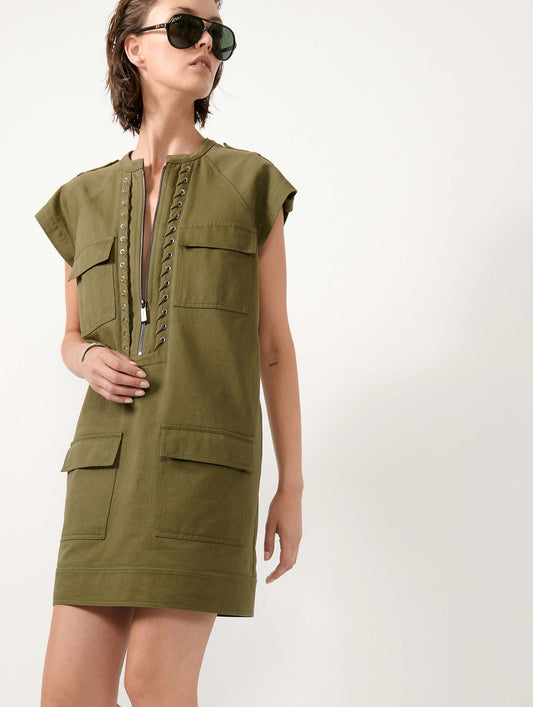 Robe à manches courtes en gabardine de coton kaki