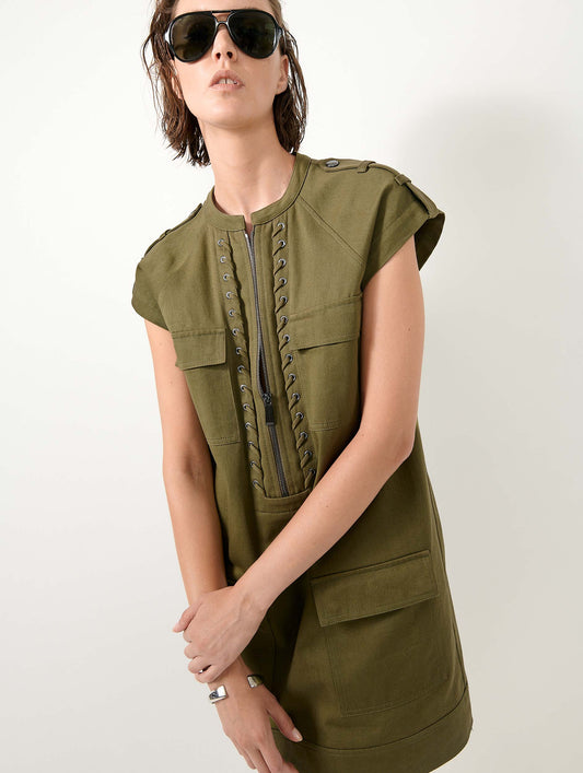 Robe à manches courtes en gabardine de coton kaki
