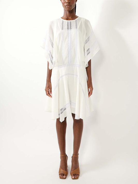 White crepon dress with lace inlays