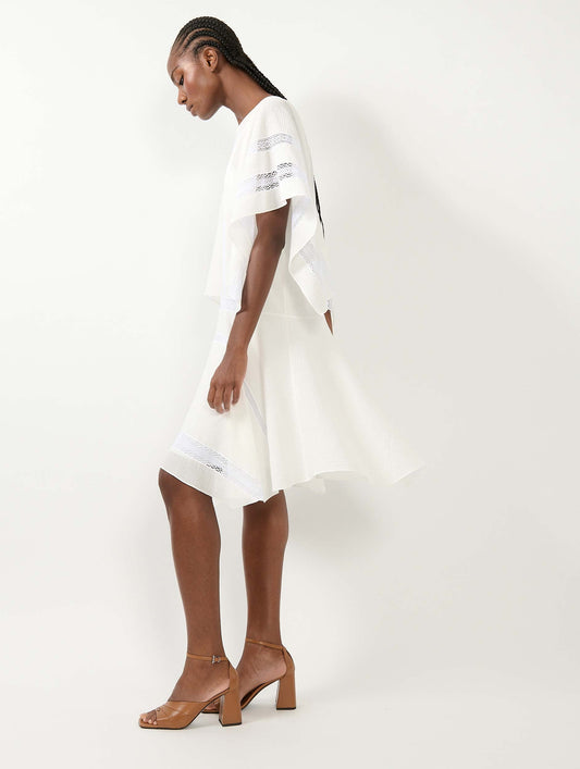 White crepon dress with lace inlays