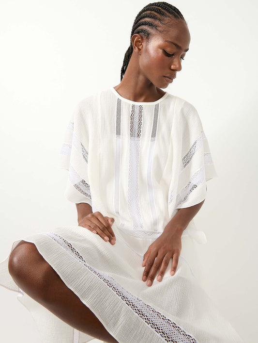 White crepon dress with lace inlays